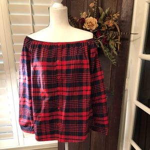 Cold Shoulder Red & Navy plaid blouse.   NWOT